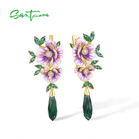 SANTUZZA 925 Sterling Silver Drop Earrings Green Stones White CZ Enamel Flower Fine Jewelry