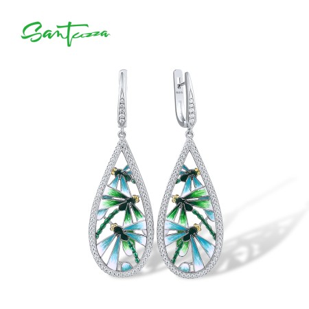 SANTUZZA 925 Sterling Silver Earrings White CZ Green Enamel Dragonfly Jewelry
