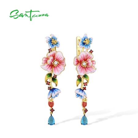 SANTUZZA 925 Sterling Silver Drop Earrings Colorful Flowers Long Enamel Jewelry