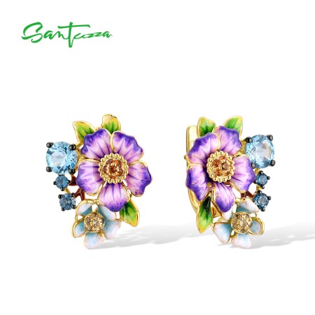 SANTUZZA 925 Sterling Silver Earrings Blue Spinel Purple Flower Fine Jewelry Enamel