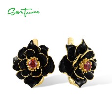 SANTUZZA 925 Sterling Silver Earrings BlackLotus Enamel Flower Garnet Fine Jewelry 