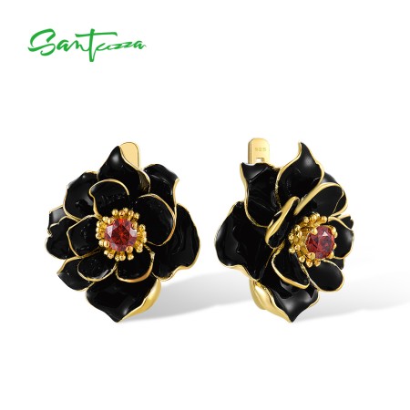 SANTUZZA 925 Sterling Silver Earrings BlackLotus Enamel Flower Garnet Fine Jewelry 