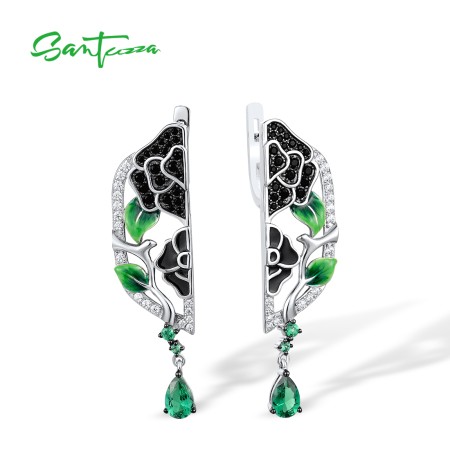 SANTUZZA 925 Sterling Silver Drop Earrings White CZ Black/Green Spine Enamel Peony Fine Jewelry