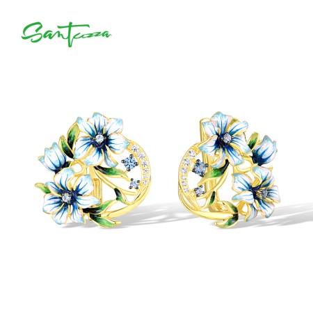 SANTUZZA 925 Sterling Silver Earrings Sparkling Spinel Enamel Little Blue Flower Jewelry