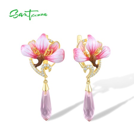 SANTUZZA 925 Sterling Silver Drop Earrings Pink Stones White CZ Flower Enamel Fine Jewelry