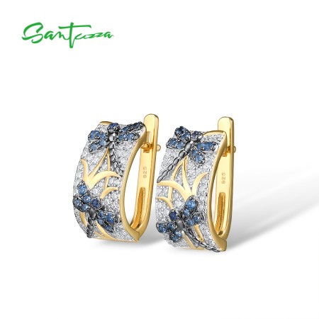 SANTUZZA 925 Sterling Silver Earrings Blue Spinel Dragonfly Fine Jewelry