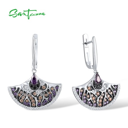SANTUZZA Fan Shape Earrings 925 Sterling Silver Black White Amethyst CZ  Jewelry