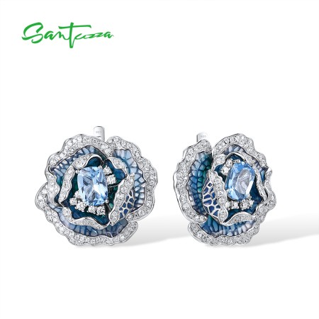 SANTUZZA 925 Sterling Silver Earrings Blue Spinel White CZ Blooming Flower Jewelry Enamel