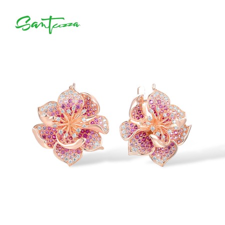 SANTUZZA 925 Sterling Silver Earrings For Women Lab Created Ruby Pink Sapphire White CZ Gradient Flower Jewelry 
