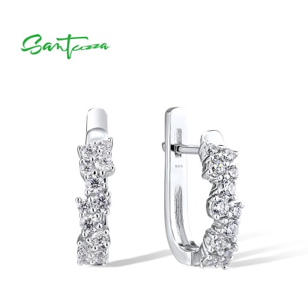 SANTUZZA 925 Sterling Silver Latch Back Earrings White Cubic Zirconia Jewelry
