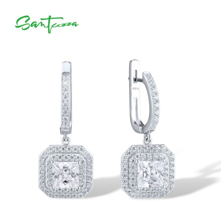 SANTUZZA 925 Sterling Silver Earrings White CZ Solitaire Princess Cut Dangling Fine Jewelry