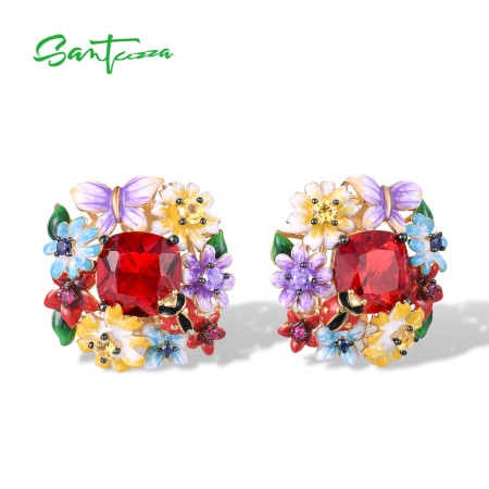 SANTUZZA 925 Sterling Silver Earrings Colorful Flowers Butterfly Ladybug Jewelry Enamel
