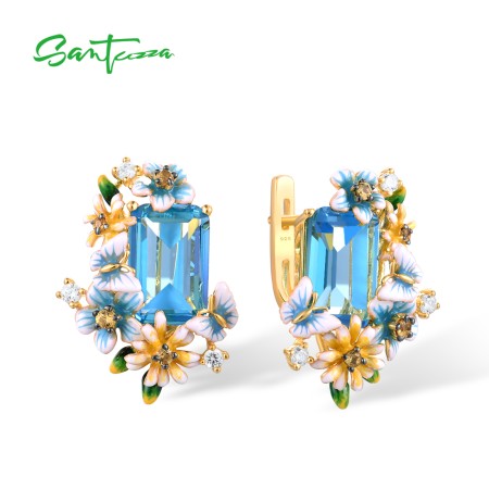 SANTUZZA 925 Sterling Silver Earrings Octagon Blue Stone Flower Butterfly Enamel Gold Color Fine Jewelry