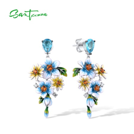 SANTUZZA 925 Sterling Silver Earrings Blue Yellow Flowers Cubic Zirconia Jewelry Enamel