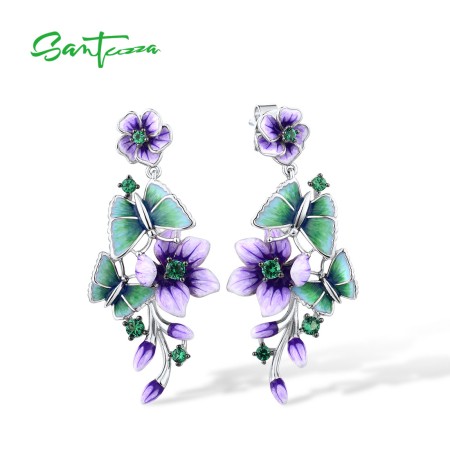 SANTUZZA 925 Sterling Silver Stud Earrings Purple Flower & Butterfly Green Spinel Jewelry Handmade Enamel