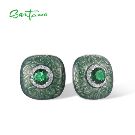 SANTUZZA 925 Sterling Silver Earrings Green Stone White CZ Enamel Fine Jewelry