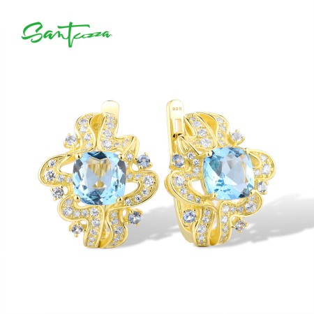 SANTUZZA 925 Sterling Silver Earrings White Cubic Zirconia Blue Stones Gold Color Fine Jewelry