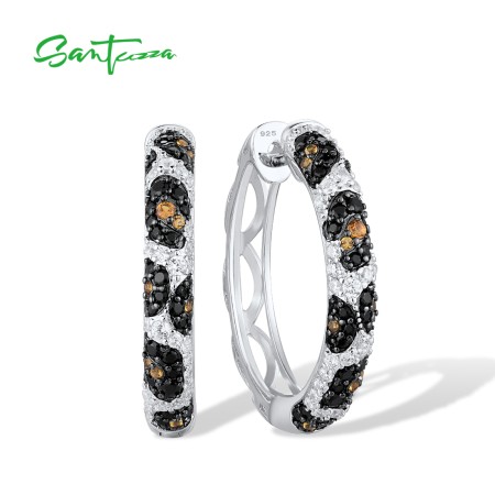 SANTUZZA 925 Sterling Silver Hoop Earrings For Women Black Spinel Yellow White Cubic Zirconia Glamorous Jewelry