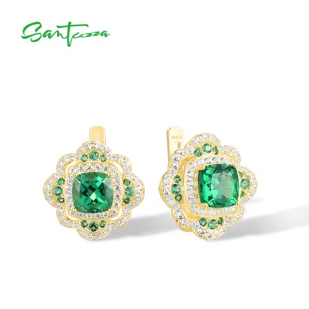 SANTUZZA 925 Sterling Silver Earrings  Sparkling Square Green Spinel White CZ Flower Jewelry