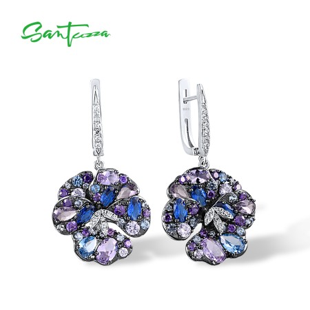 SANTUZZA 925 Sterling Silver Earrings Multi Gems Blue Orchid Flower Drop Earrings Jewelry
