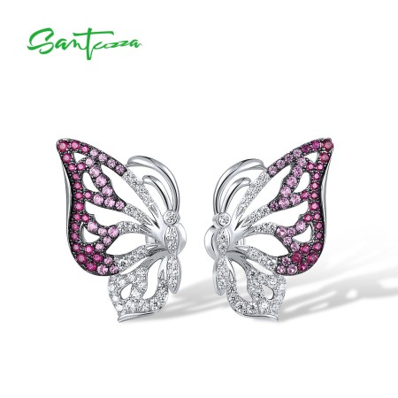 SANTUZZA 925 Sterling Silver Stud Earrings White CZ Pink And Red Butterfly Jewelry