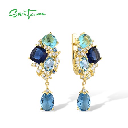 SANTUZZA 925 Sterling Silver Earrings Blue Gemstone Drop Earrings Gold Color Fine Jewelry