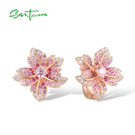 SANTUZZA 925 Sterling Silver Earrings For Women Blue Pink Stone Lily Flower Jewelry