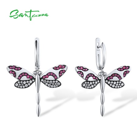 SANTUZZA 925 Sterling Silver Drop Earrings Lab Created Ruby White CZ Pink Dragonfly Fine Jewelry