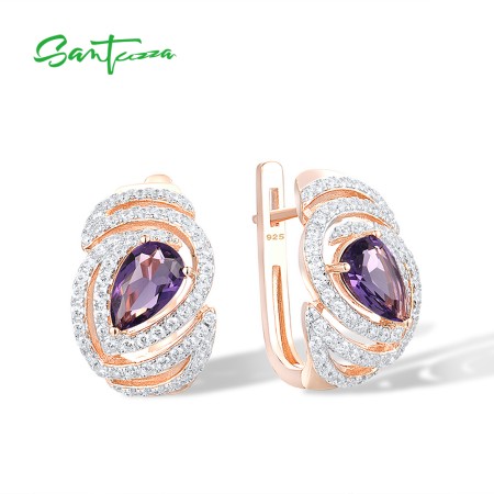 SANTUZZA 925 Sterling Silver Earrings Purple Stone White Cubic Zirconia Fine Jewelry
