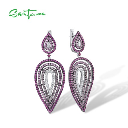 SANTUZZA 925 Silver Dangling Earrings Sterling Silver Created Pink Sapphire Ruby Jewelry