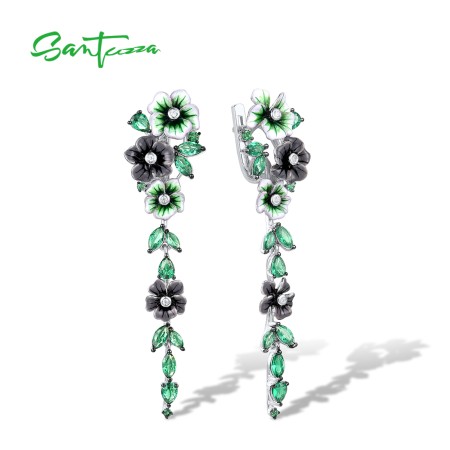 SANTUZZA Silver Earrings 925 Sterling Silver Green Spinel White CZ Blooming Flowers Jewelry Enamel