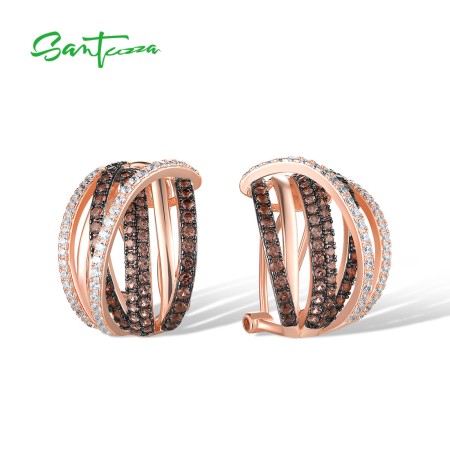 SANTUZZA 925 Sterling Silver Earrings Brown Spinel White CZ Stud Cross Fine Jewelry