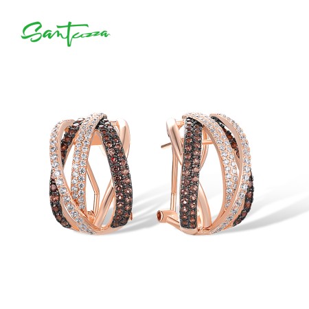 SANTUZZA 925 Sterling Silver Earrings Nano Brown Spinel White CZ Stud Cross Stylish Jewelry
