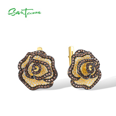 SANTUZZA 925 Sterling Silver Earrings White CZ Brown Spinel Flower Fine Jewelry