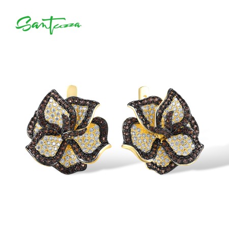 SANTUZZA 925 Sterling Silver Earrings White CZ Brown Spinel Sweet Flower Fine Jewelry