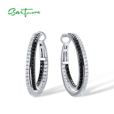 SANTUZZA 925 Sterling Silver Loop Earrings Black Spinel White Cubic Zirconia Jewelry
