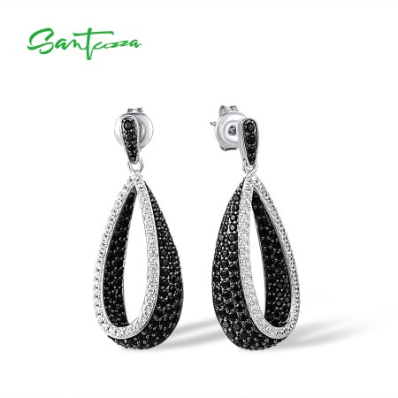 SANTUZZA 925 Sterling Silver Earrings Black Spinel White CZ Drop Shape Eariings Fine Jewelry