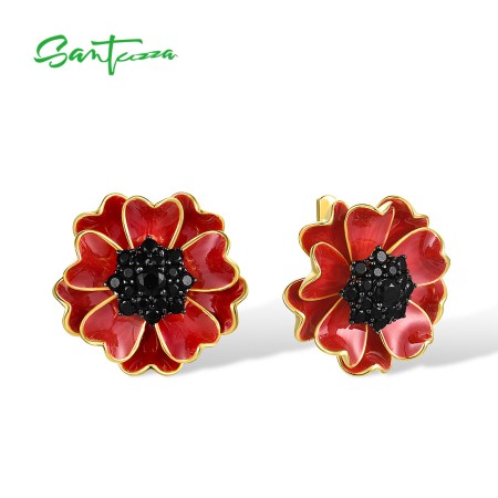 SANTUZZA 925 Sterling Silver Earrings Black Spinel Red Enamel Blossom Flower Jewelry