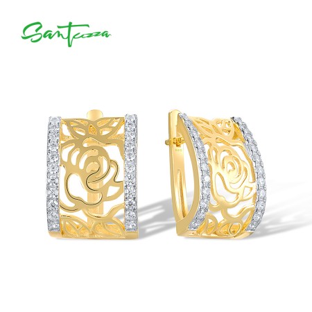 SANTUZZA 925 Sterling Silver Earrings White Cubic Zirconia Rose Flower Jewelry