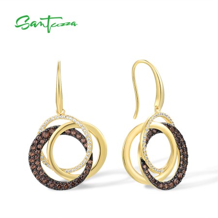 SANTUZZA 925 Silver Dangling Earrings Sterling Silver Brown Spinel White CZ Circle Gold Plated Jewelry