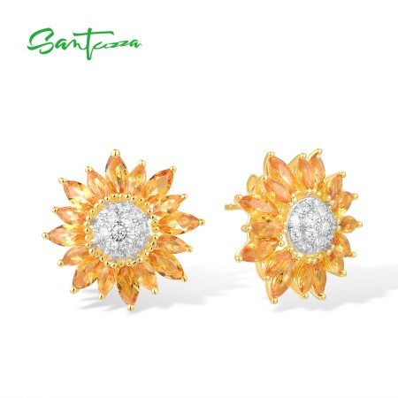 SANTUZZA 925 Sterling Silver Stud Earrings Yellow Nano /White CZ Gold Color Sun Flower Jewelry