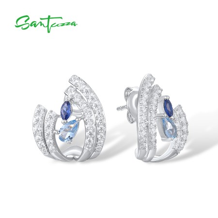 SANTUZZA 925 Sterling Silver Stud Earrings Blue Spinel White Cubic Zirconia Jewelry