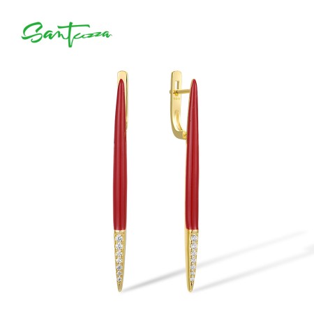 SANTUZZA 925 Sterling Silver Earrings White Cubic Zirconia Red Handmade Enamel Fine Jewelry