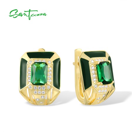 SANTUZZA 925 Sterling Silver Earrings Green Stones White CZ Gorgeous Fine Jewelry