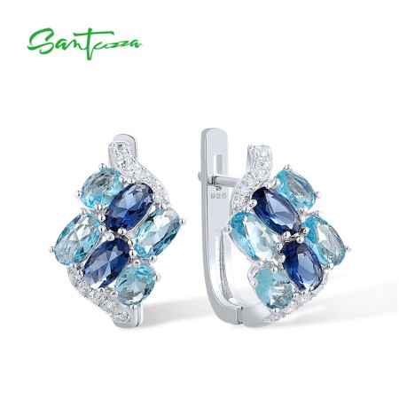 SANTUZZA 925 Sterling Silver Clip Earrings Blue Stone White CZ Cluster Fine Jewelry