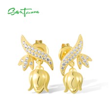 SANTUZZA 925 Sterling Silver Earrings White Cubic Zirconia Yellow Tulip Flower Fine Jewelry