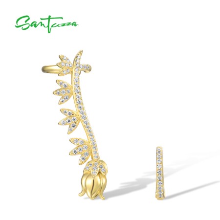 SANTUZZA 925 Sterling Silver Earrings White CZ Unique Gold Color Flower Ear Cuff Fine Jewelry