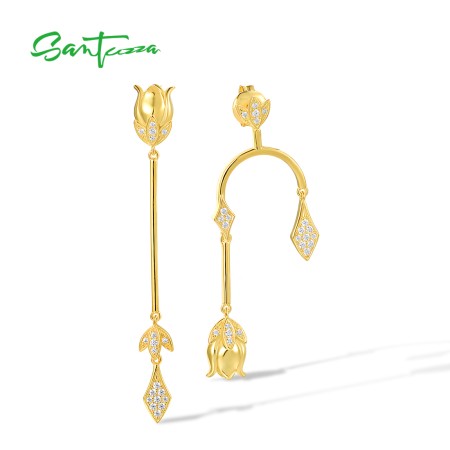 SANTUZZA 925 Sterling Silver Earrings White CZ Tulip Flower Tassels Fine Jewelry