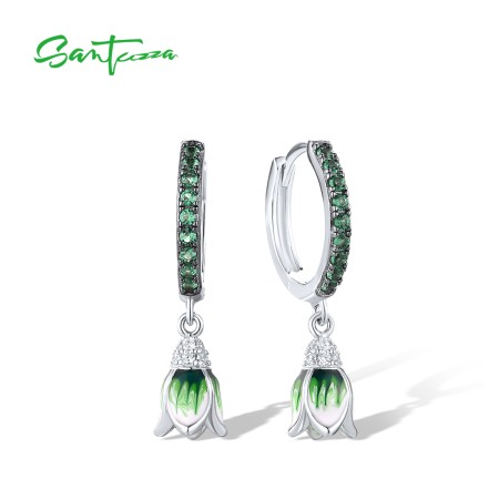 SANTUZZA 925 Sterling Silver Drop Earrings Green Spinel Tulip Flower Enamel Jewelry