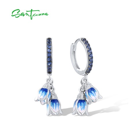 SANTUZZA 925 Sterling Silver Drop Earrings Sparkling White Blue CZ Enamel Tulip Flower Jewelry
